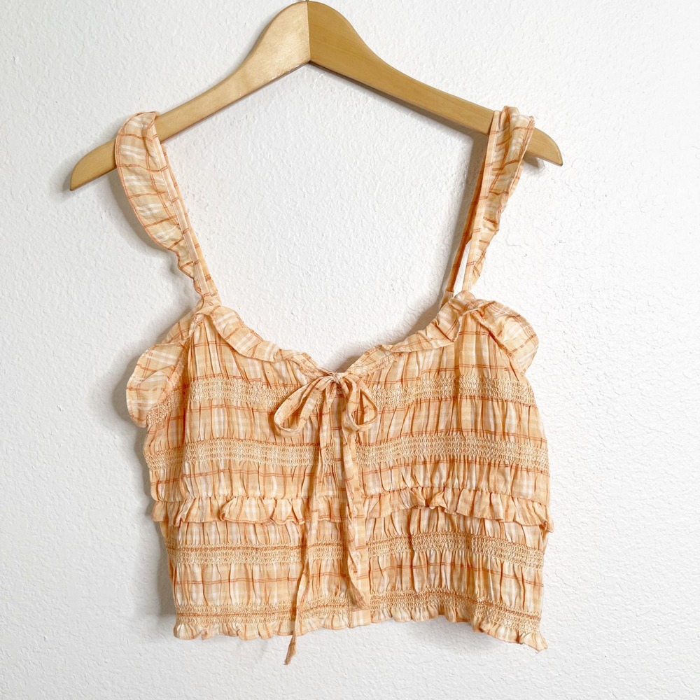 American Eagle Orange Plaid Smocked Ruffle Crop Tank Top Small Small